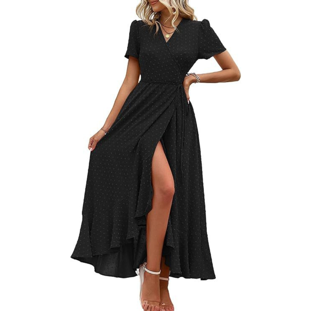 MARJORIE - Wrap Ruffle Split Maxi Dress