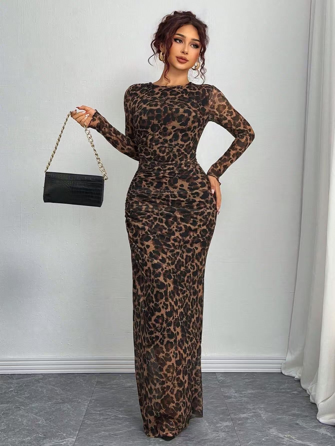ROSALIE - Comfy Printed Long Sleeve Round Neck Bodycon Maxi Dress